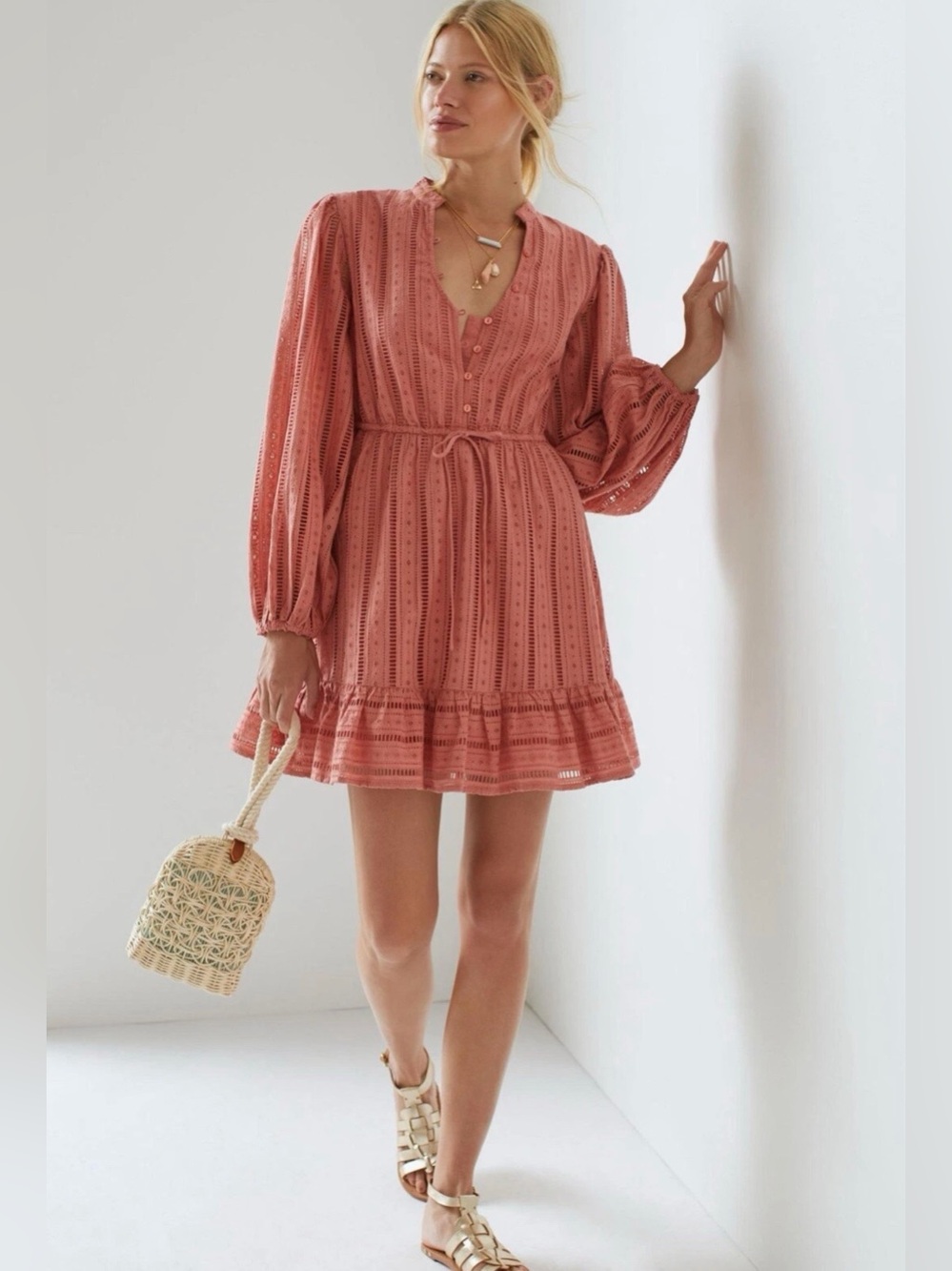 Anthropologie Forever That Girl Eyelet Mini Ruffle Mini Dress size S NWT $160